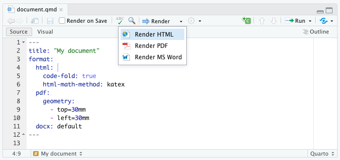 RStudio editor toolbar with the Render button's dropdown menu open, showing three options: Render HTML, Render PDF, and Render MS Word, matching the formats listed in the YAML.