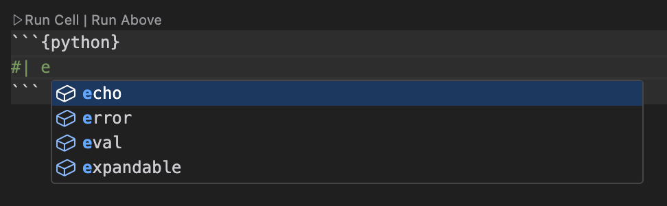 Positron Editor with a code cell option comment. The user has typed #| followed by e and the code completion menu is open, showing available options including echo, error, eval and expandable.