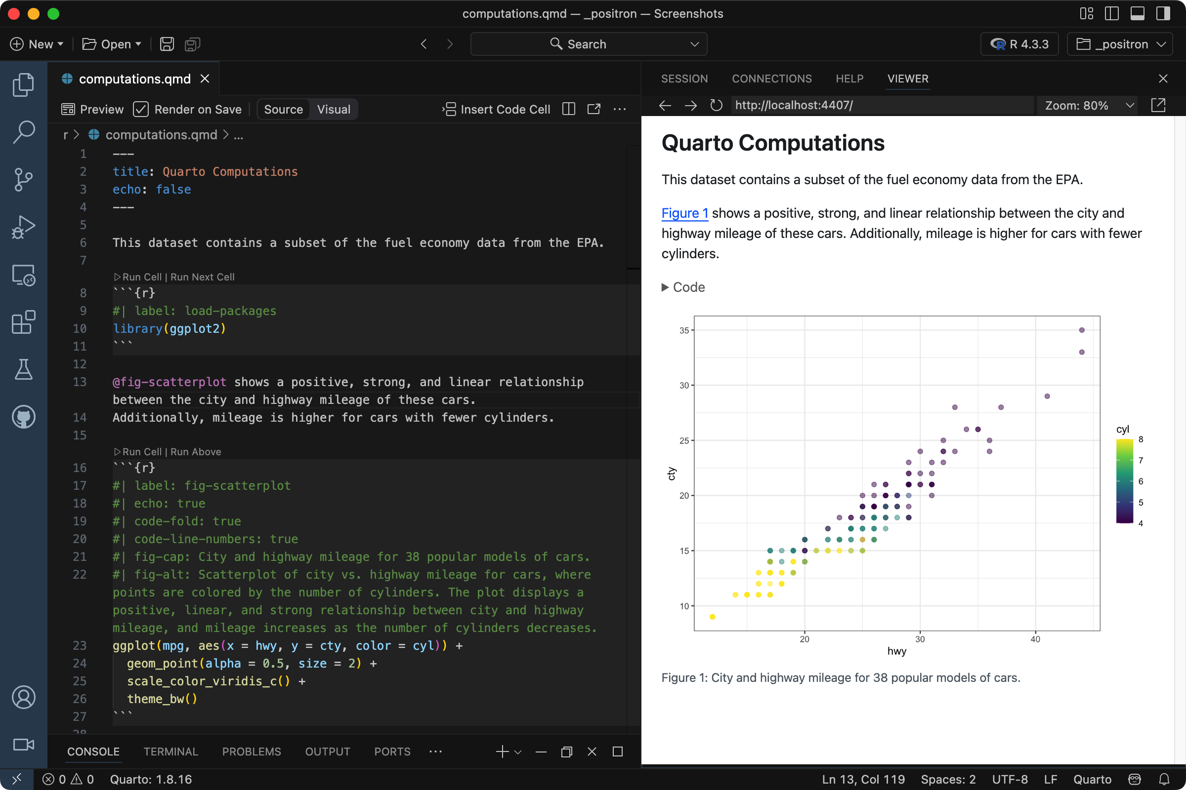Positron with computations.qmd open. On the left is the Editor. Compared to earlier images on the page, the code cell shows the added fig-cap and fig-alt options. On the right is the rendered version of the document. Below the figure is a caption.