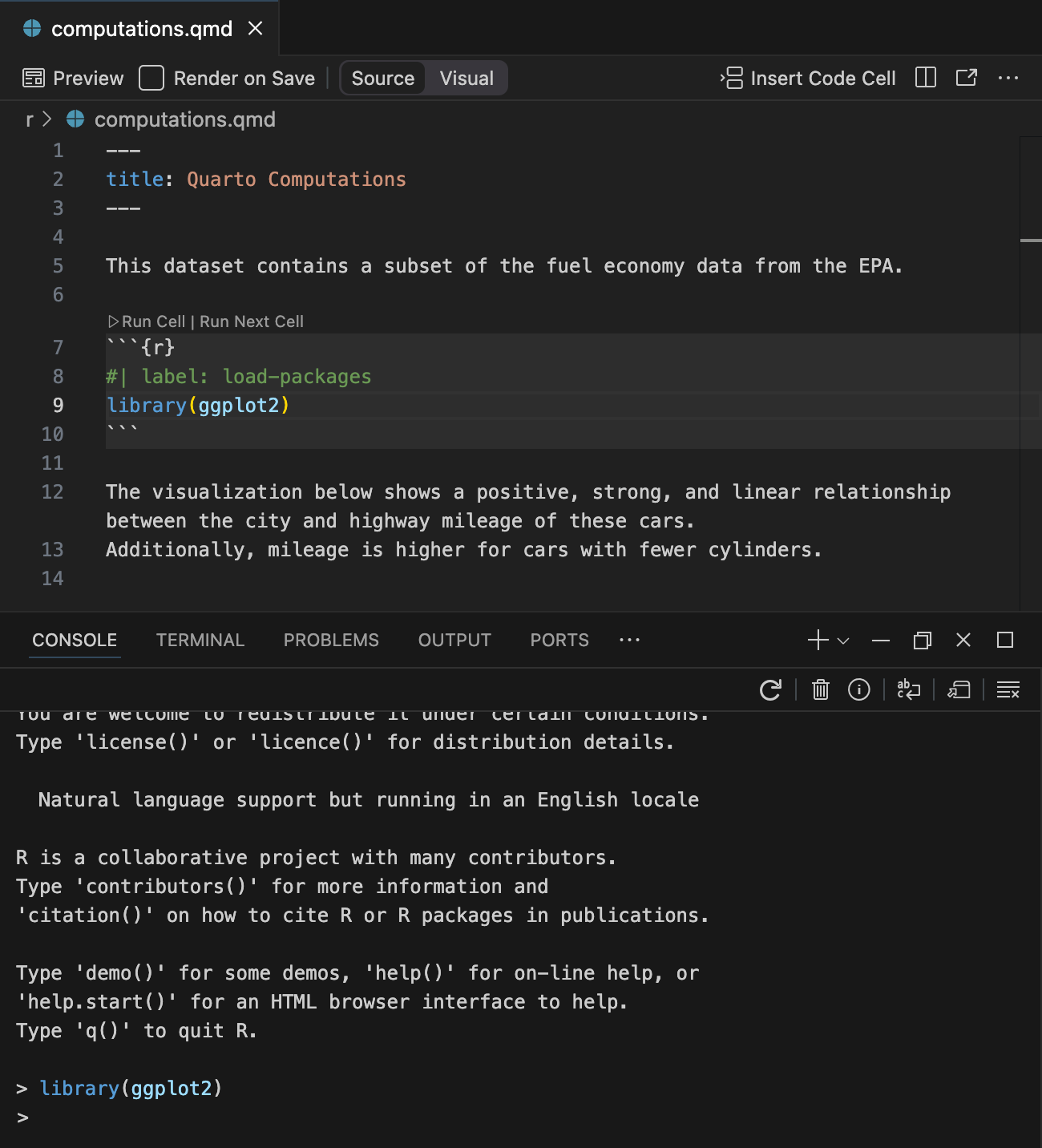 Positron with computations.qmd open in Editor centered on a code cell with the label load-packages. The Console is open, showing the output of running the code in the code cell.