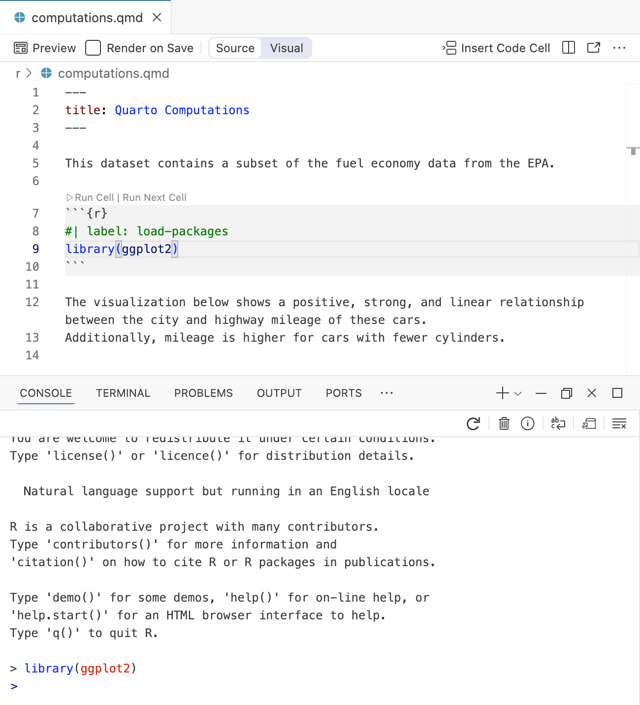 Positron with computations.qmd open in Editor centered on a code cell with the label load-packages. The Console is open, showing the output of running the code in the code cell.