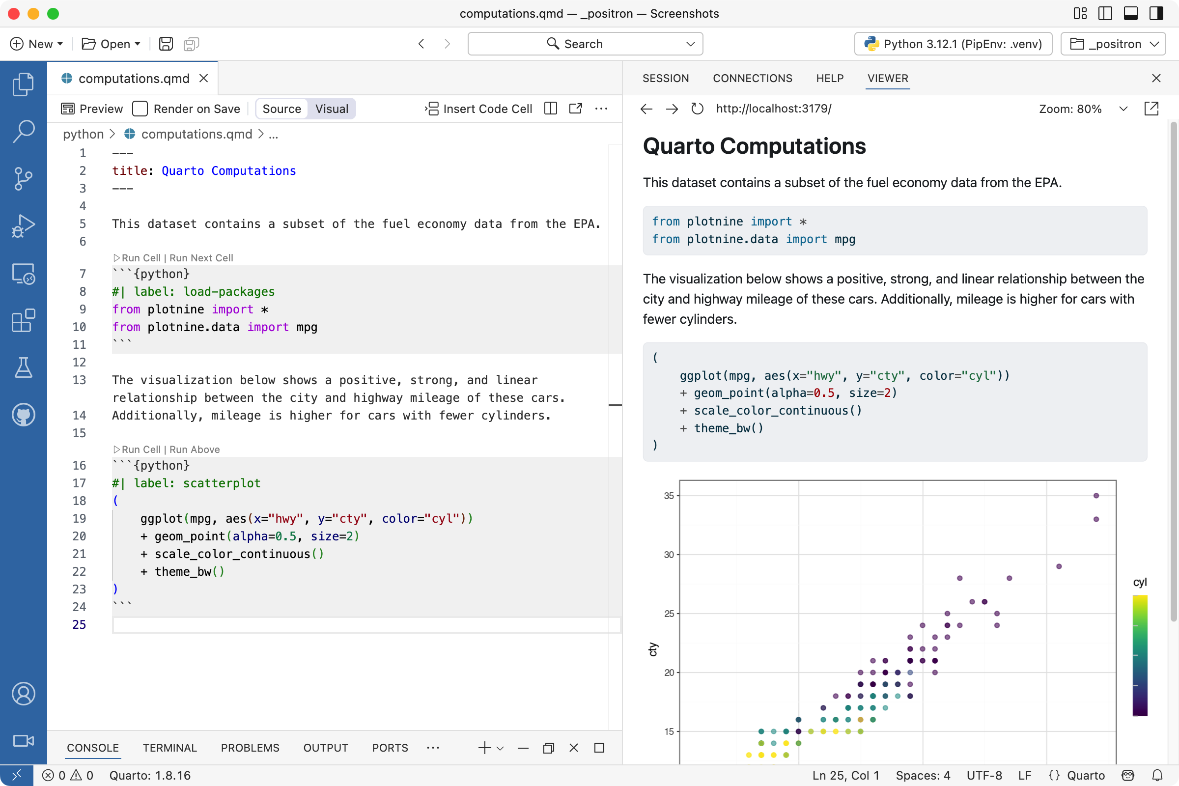 Positron with computations.qmd open in the Editor. The document is being previewed in the Viewer.