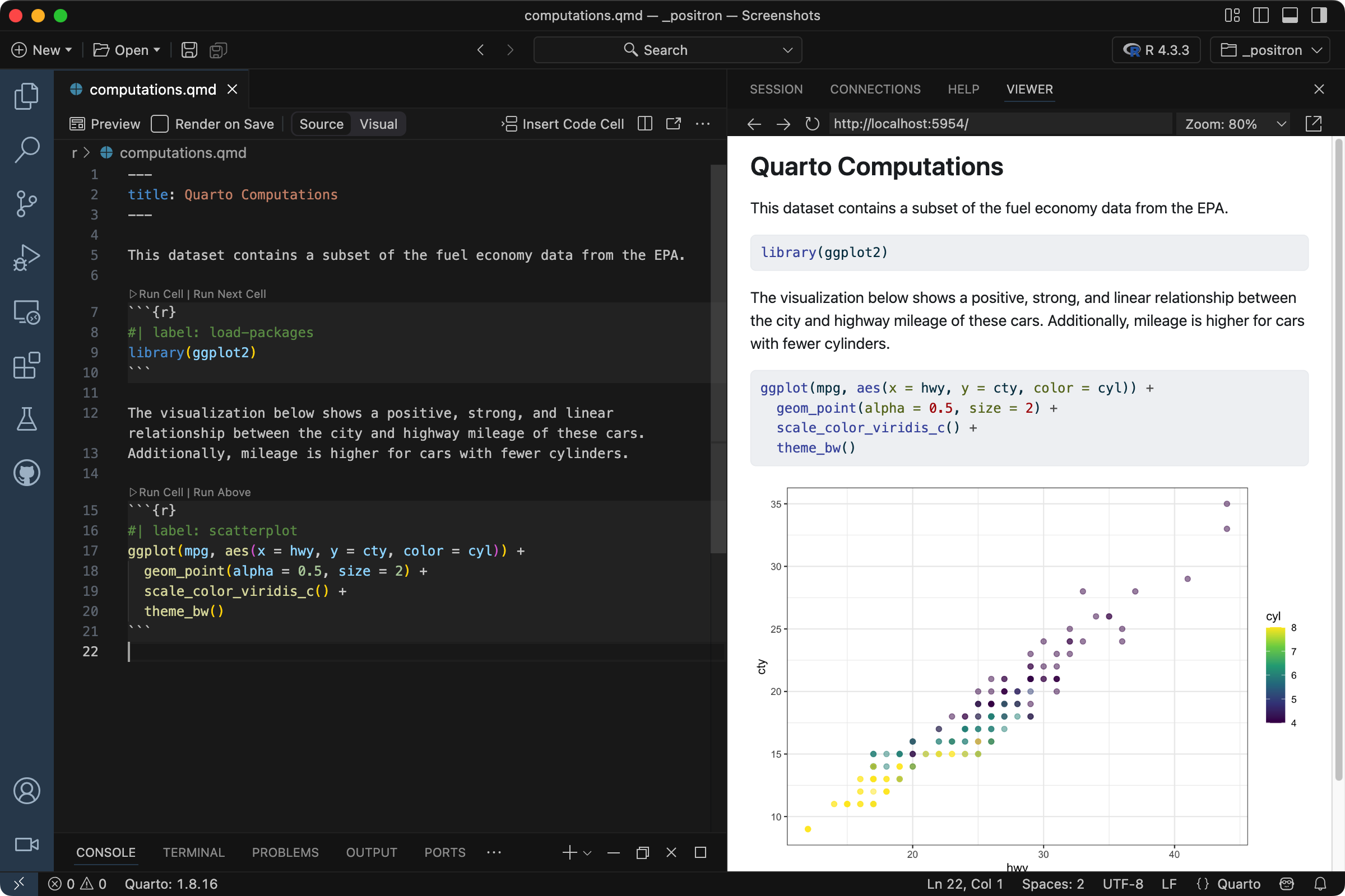 Positron with computations.qmd open in the Editor. The document is being previewed in the Viewer.