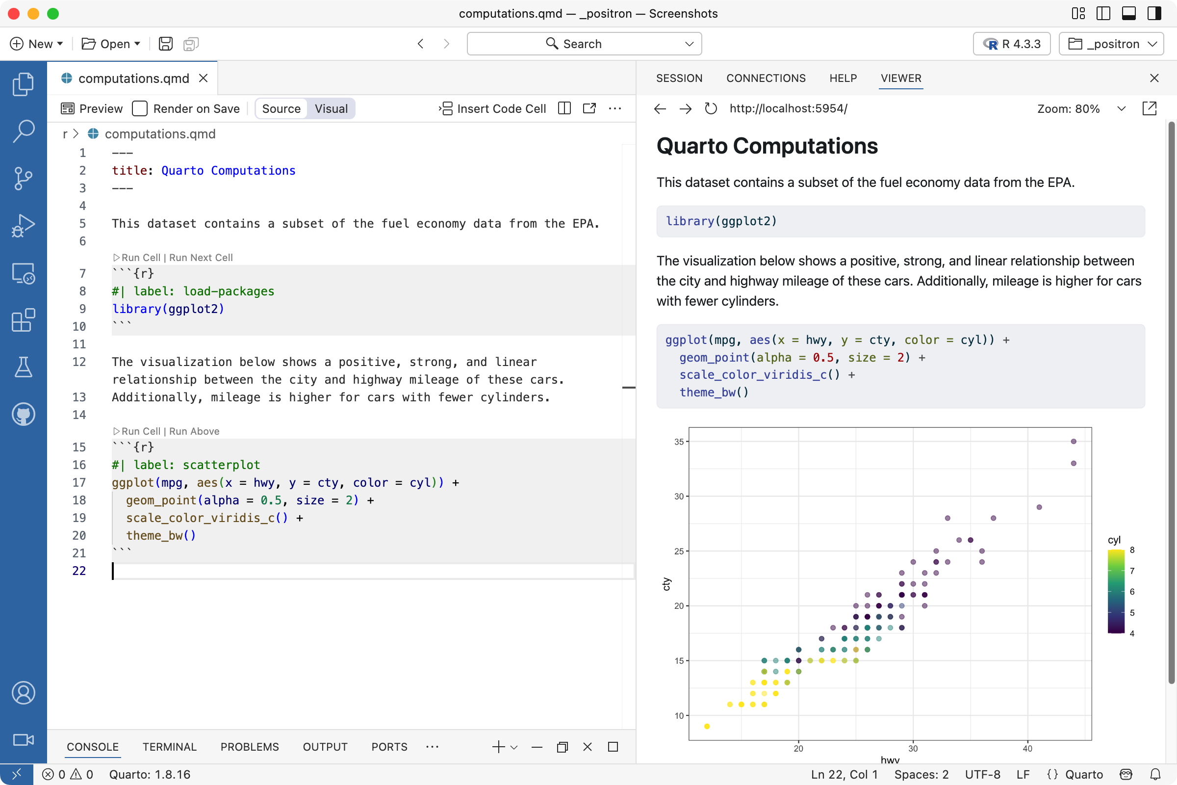 Positron with computations.qmd open in the Editor. The document is being previewed in the Viewer.