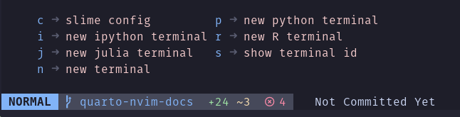 Neovim's keybinding hint popup, showing options to open a new terminal: p for Python, i for IPython, r for R, j for Julia, n for a plain terminal, c for the slime config, and s to show the terminal ID.