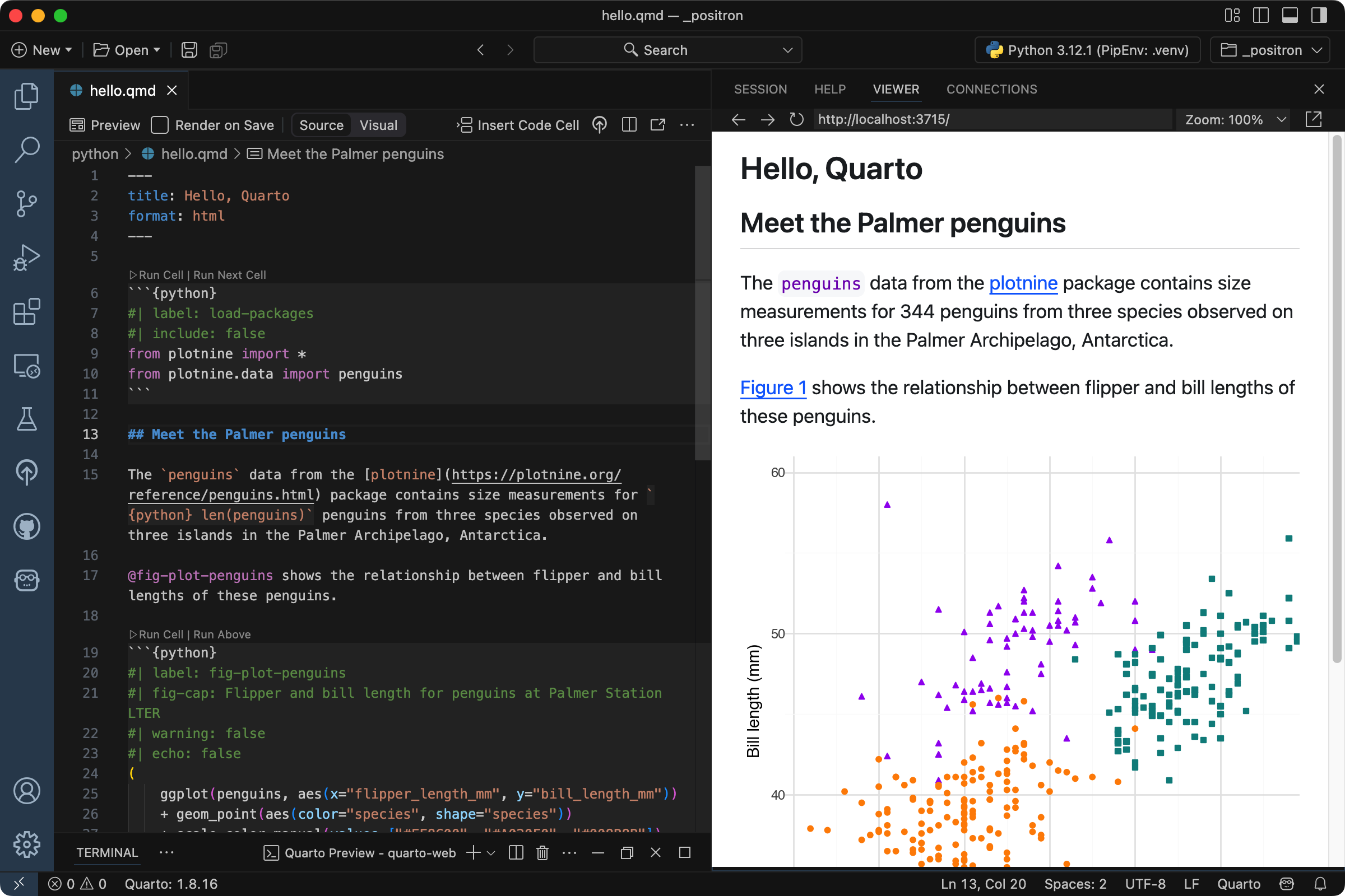 Positron with hello.qmd open in the Editor, and a preview open in the Viewer. The Editor shows a markdown section updated to 'Meet the Palmer penguins', the Viewer shows the same updated section title.