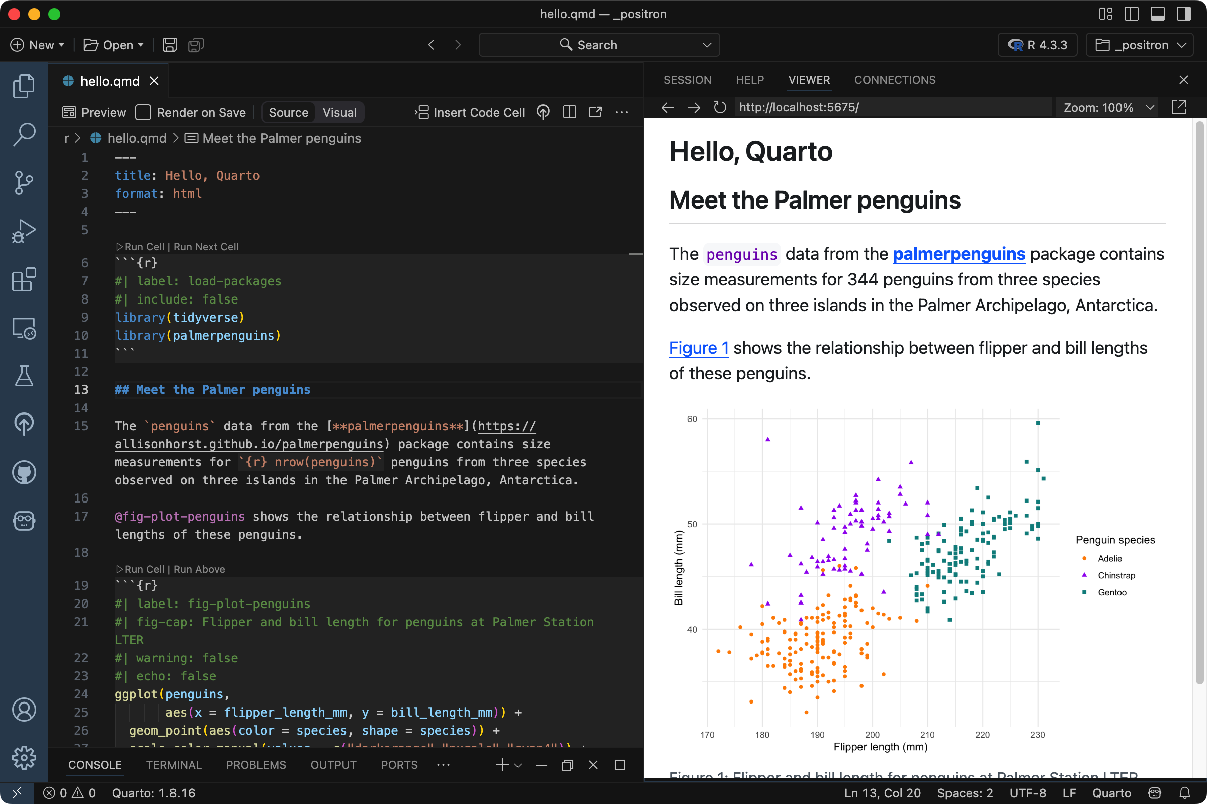 Positron with hello.qmd open in the Editor, and a preview open in the Viewer. The Editor shows a markdown section updated to 'Meet the Palmer penguins', the Viewer shows the same updated section title.