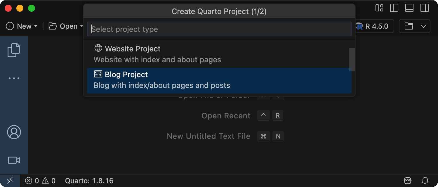 Create Quarto Project prompt in Positron, with Blog Project selected in the project type list.