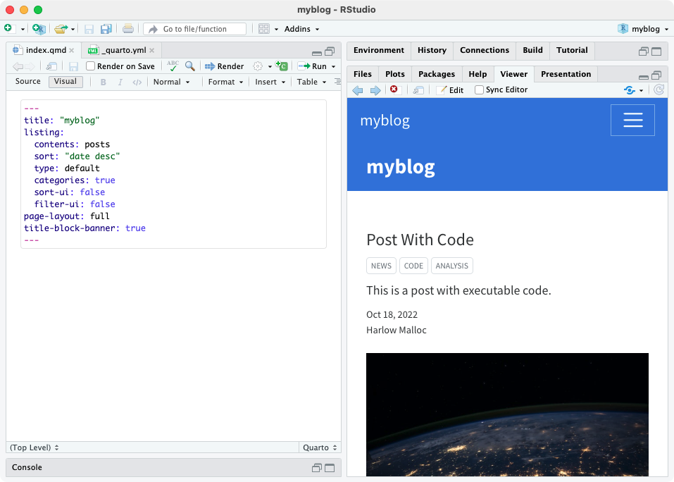 RStudio with the listing YAML of index.qmd on the left. The rendered blog preview shows in the Viewer pane on the right, with a myblog banner above the first post, Post With Code, and its categories, date, and author.