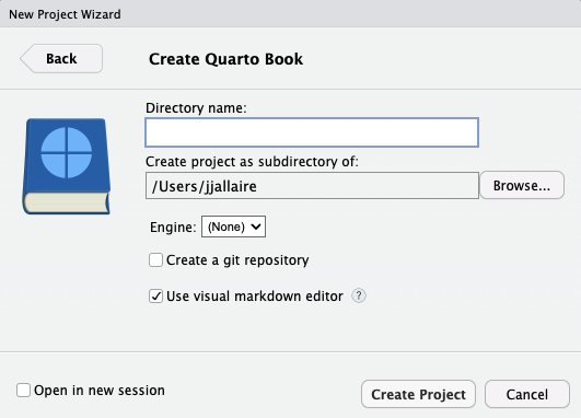 RStudio Create Quarto Book dialog with an empty Directory name field, a subdirectory path, an Engine menu, and options to create a git repository and use the visual markdown editor.
